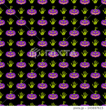 Black Halloween seamless pattern with purple pumpkins and zombie hands Black Halloween seamless pattern with purple pumpkins and zombie hands 143697615