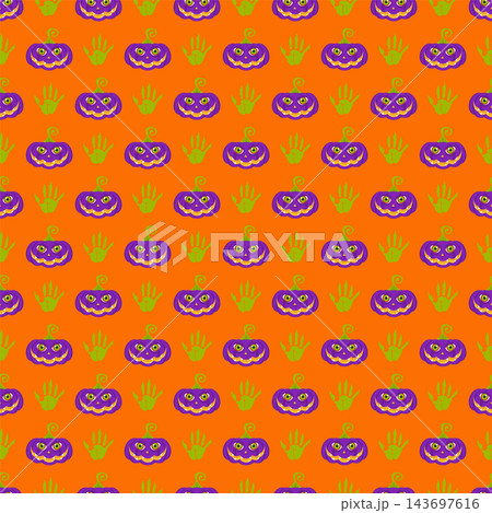 Orange Halloween seamless pattern with purple pumpkins and monster hands 143697616