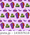 Lilac Halloween seamless pattern with zombie, purple coffins and pumpkins 143697618