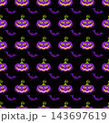 Black Halloween seamless pattern with purple pumpkins and flying bats 143697619