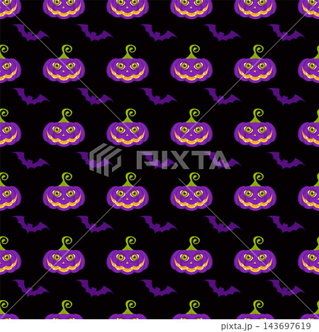 Black Halloween seamless pattern with purple pumpkins and flying bats Black Halloween seamless pattern with purple pumpkins and flying bats 143697619