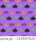 Purple Halloween seamless pattern with jack o lanterns and vampire lips 143697620