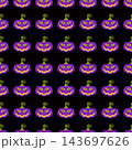 Black Halloween seamless pattern with grinning purple pumpkins in even rows 143697626