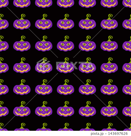 Black Halloween seamless pattern with grinning purple pumpkins in even rows 143697626