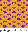 Orange Halloween seamless pattern with funny purple jack o lantern pumpkins 143697627