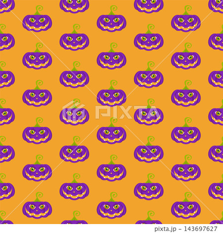 Orange Halloween seamless pattern with funny purple jack o lantern pumpkins Orange Halloween seamless pattern with funny purple jack o lantern pumpkins 143697627