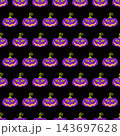Black Halloween seamless pattern with smiling purple pumpkins in offset rows 143697628