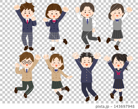 學生製服套裝,有歡呼/勝利姿勢 學生製服套裝,有歡呼/勝利姿勢 143697948