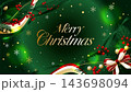 深緑と金色のクリスマスカード、メリークリスマスの文字とリボンのベクターイラスト背景素材 143698094
