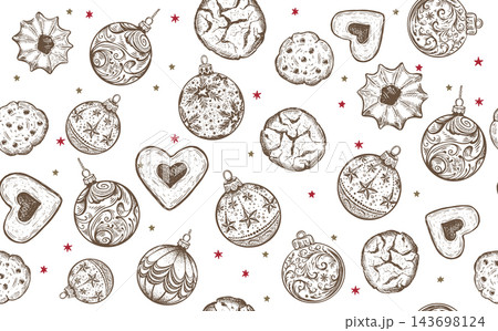Hand drawn illustration Christmas ball and Cookie pattern on white Hand drawn illustration Christmas ball and Cookie pattern on white 143698124