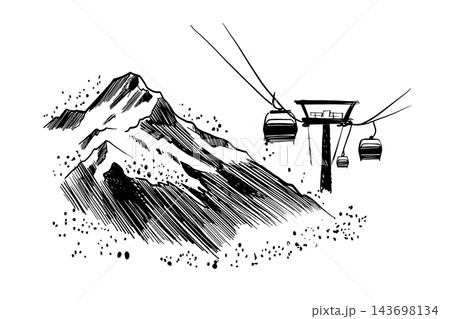 Hand Drawn Mountain Cable Car,  Monochrome Ink Sketch	 143698134