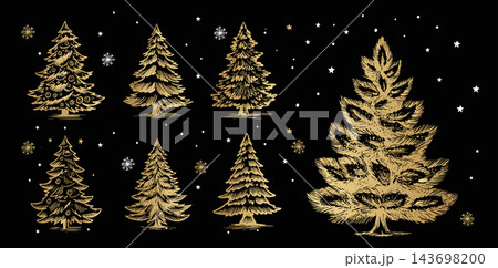 Hand Drawn Golden Christmas Trees Collection on Black Background with Snowflakes and Stars Hand Drawn Golden Christmas Trees Collection on Black Background with Snowflakes and Stars 143698200