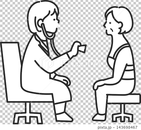Illustration of a doctor listening to a patient with a stethoscope (line drawing only) Illustration of a doctor listening to a patient with a stethoscope (line drawing only) 143698467