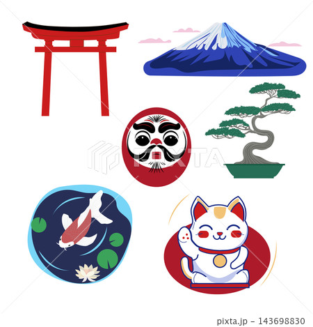Koi fish, torij gate, lucky cat,  daruma doll, bonsai tree , Fujiama mountain isolated, japanese traditional illustration, flat vector 143698830