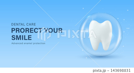 Dental Care Banner, Vector Illustration. Horizontal Dental Care Banner with 3d White Tooth. Dental Care Banner on Light Blue Background for Dentistry, Oral Health, Tooth Protection, Treatment 143698831