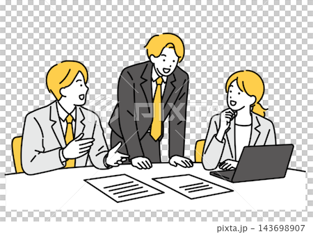 A business illustration depicting three office workers (two men and two women) having a meeting using laptops and documents. A business illustration depicting three office workers (two men and two women) having a meeting using laptops and documents. 143698907