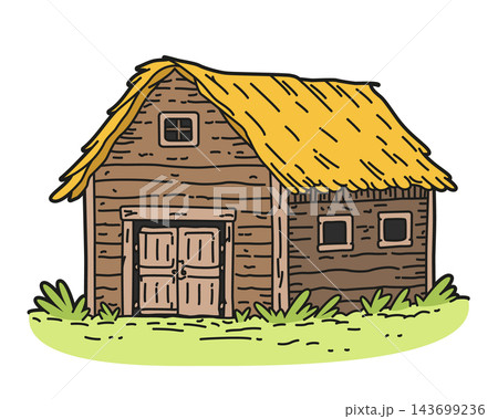 Vector illustration of a barn with a thatched roof in a cartoon, outlined style, isolated on white background Vector illustration of a barn with a thatched roof in a cartoon, outlined style, isolated on white background 143699236