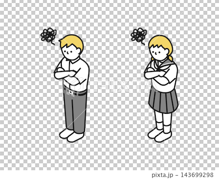 Isometric illustration: Middle school boys and girls in summer clothes, deep in thought. 143699298