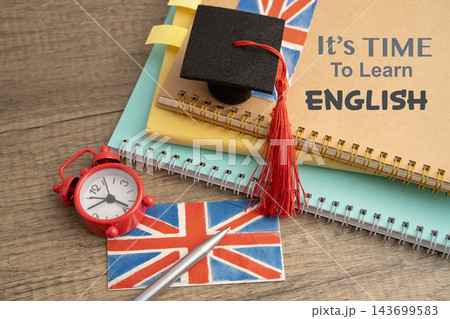 Time to learn English language, book with uk flag. 143699583