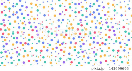 Cute birthday karnaval polka dot seamless pattern. Colorful clown repeated round confetti background. Brightl dotted wallpaper for Easter wrapping paper, birthday decoration, kid bday nursery decor. 143699696