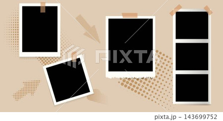 Blank retro photo frames with tape and shadows. Set of empty vintage photo placeholders with dotted elements. Scrapbook or memory album templates. Realistic vector illustration design 143699752