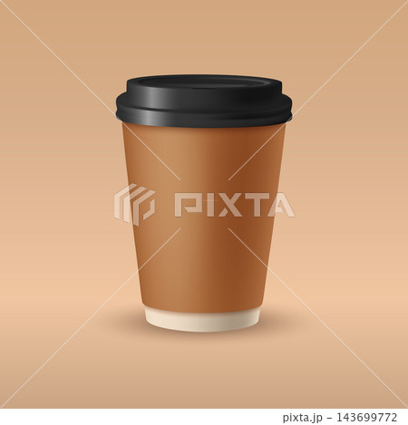 Coffee Cup with Black Lid for Takeaway Coffee and Hot Drinks, Vector Illustration. 3d Coffee Cup for Cafe, Coffee Shop and Catering. Coffee Cup Vector Illustration 143699772