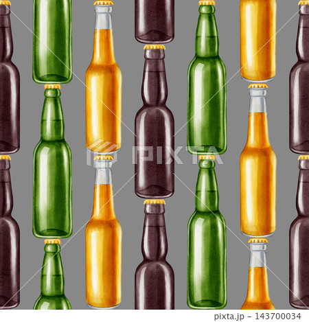 Seamless watercolor pattern with green, amber and brown glass beer bottles. Hand drawn craft beverage background for bar, menu, pub decor, Oktoberfest festival or packaging. Seamless watercolor pattern with green, amber and brown glass beer bottles. Hand drawn craft beverage background for bar, menu, pub decor, Oktoberfest festival or packaging. 143700034