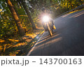 Motorcyclist wearing a black helmet and dark riding gear approaching the camera on a winding asphalt road through a sunlit green and golden autumn forest, with dynamic motion blur. 143700163