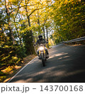 Motorcyclist wearing a black helmet and dark riding gear approaching the camera on a winding asphalt road through a sunlit green and golden autumn forest, with dynamic motion blur. 143700168