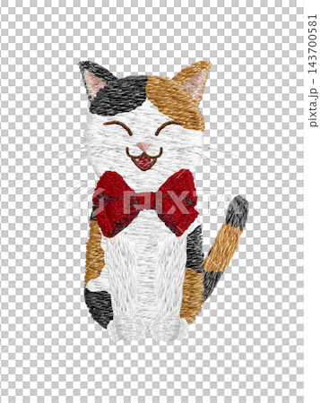 【繫著絲帶的三色貓】手工刺繡插畫素材 143700581