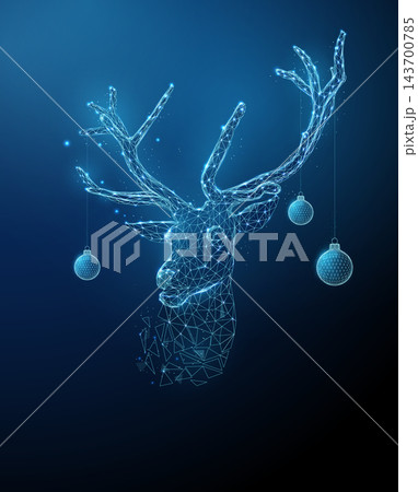 3D blue deer with christmas toys. Christmas deer, holiday decoration, new year celebration, festive ornament, winter reindeer, snow season, seasonal greeting concept 143700785