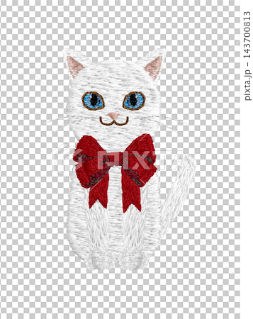 【繫著絲帶的白貓】手工刺繡插畫素材 【繫著絲帶的白貓】手工刺繡插畫素材 143700813