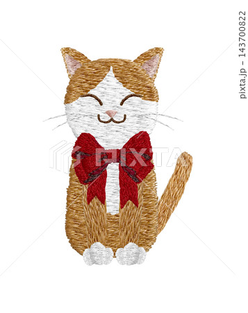 【リボンをつけた茶白の猫】手刺繍イラスト素材 【リボンをつけた茶白の猫】手刺繍イラスト素材 143700822