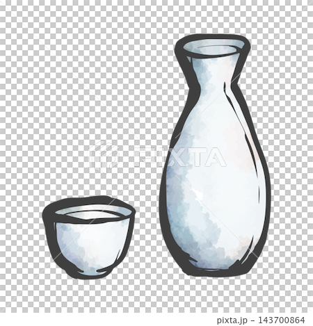 Hand-painted brushstroke style illustration of a sake bottle and sake cup Hand-painted brushstroke style illustration of a sake bottle and sake cup 143700864