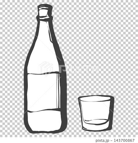 A hand-drawn, brushstroke-style illustration of a sake bottle and a glass. 143700867