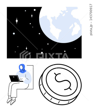 Remote work, digital economy, global connectivity, financial growth, online business, technology trends. Person working on a laptop, coin with a dollar sign planet Earth in space. Remote work Remote work, digital economy, global connectivity, financial growth, online business, technology trends. Person working on a laptop, coin with a dollar sign planet Earth in space. Remote work 143700917