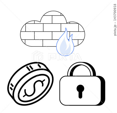 Cybersecurity, data protection, online transactions, secure access, financial safety, digital services. A brick cloud firewall, lock symbol and dollar coin. Cybersecurity and data protection concept Cybersecurity, data protection, online transactions, secure access, financial safety, digital services. A brick cloud firewall, lock symbol and dollar coin. Cybersecurity and data protection concept 143700918