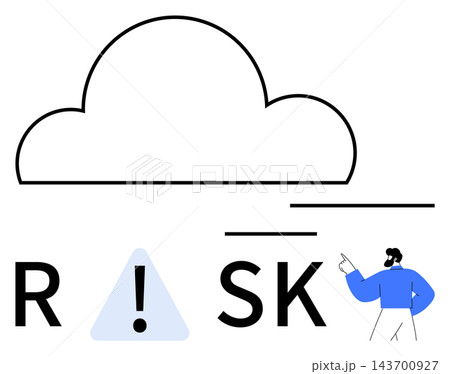 Cloud computing, cybersecurity, data protection, IT infrastructure, risk analysis, network security. Large cloud icon with letters forming RISK and warning symbol. Cloud computing and cybersecurity Cloud computing, cybersecurity, data protection, IT infrastructure, risk analysis, network security. Large cloud icon with letters forming RISK and warning symbol. Cloud computing and cybersecurity 143700927
