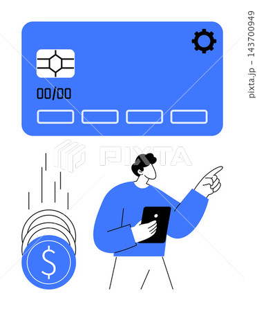 Financial technology, digital payments, online transactions, cashless economy, e-commerce, personal finance. A credit card, coins and a person with a tablet pointing forward. Financial technology Financial technology, digital payments, online transactions, cashless economy, e-commerce, personal finance. A credit card, coins and a person with a tablet pointing forward. Financial technology 143700949
