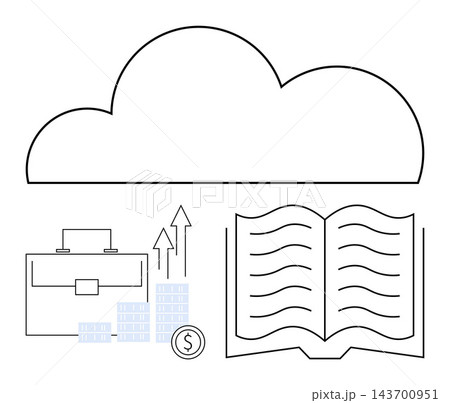 Business growth, financial success, knowledge sharing, cloud computing, education, data storage. Minimalist design showing a cloud, briefcase financial growth icons and an open book. Business Business growth, financial success, knowledge sharing, cloud computing, education, data storage. Minimalist design showing a cloud, briefcase financial growth icons and an open book. Business 143700951