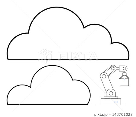 Cloud computing, automation tools, smart industry, data integration, robotics, scalable systems. Outline of clouds with robotic arm holding object. Cloud computing and automation concepts 143701028