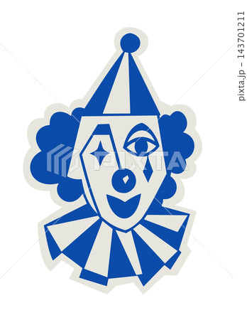 Retro circus clown vector illustration. Pierrot or sad clown face portrait. Vintage carnival character icon with decorative border isolated on white background Retro circus clown vector illustration. Pierrot or sad clown face portrait. Vintage carnival character icon with decorative border isolated on white background 143701211