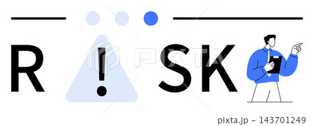 Risk assessment, evaluation, safety planning, alert systems, compliance monitoring, corporate strategy. Exclamation mark in triangle with professional pointing. Risk assessment and evaluation concept 143701249