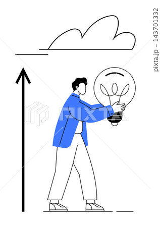 Innovation, creativity, development, problem solving, success, growth potential. Person holding a lightbulb, upward arrow cloud outlines. Innovation and creativity concepts Innovation, creativity, development, problem solving, success, growth potential. Person holding a lightbulb, upward arrow cloud outlines. Innovation and creativity concepts 143701332