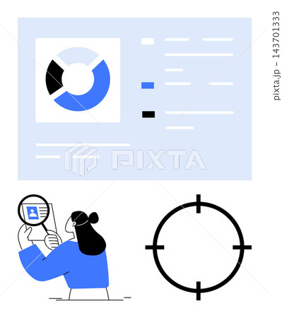 Data analysis, identity verification, business intelligence, targeting, technology, and security. Woman examining ID with magnifying glass, pie chart and crosshair symbol. Data analysis and identity 143701333