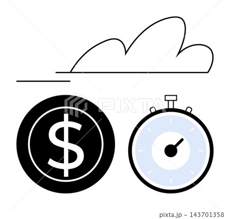 Efficiency, productivity, time management, financial savings, business strategy, economic decisions. A clock, dollar sign and cloud in minimalistic design. Efficiency and productivity concept 143701358