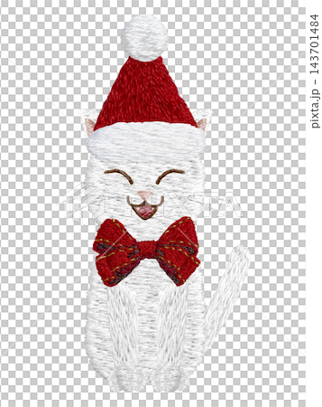 [White cat Santa Claus with a ribbon] Hand-embroidered illustration material 143701484