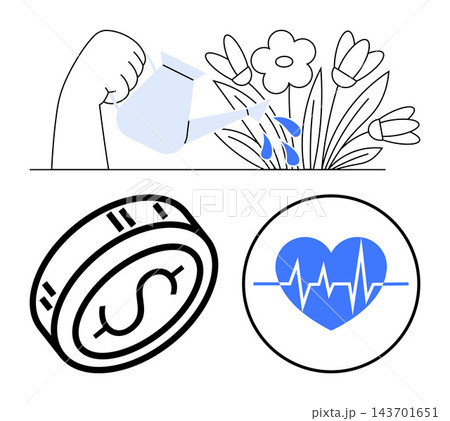 Success, investments, health care, growth, sustainability, finance. Arm watering flowers, a dollar coin heart with pulse line. Growth and investments through plants and financial visuals Success, investments, health care, growth, sustainability, finance. Arm watering flowers, a dollar coin heart with pulse line. Growth and investments through plants and financial visuals 143701651