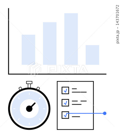 Time management, progress tracking, data analysis, business planning, workflow optimization, productivity monitoring. Bar chart, checklist with checkmarks and stopwatch. Time management and progress 143701672