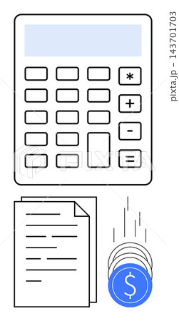 Budget management, accounting, financial analysis, income planning, expense tracking, tax preparation. Features a calculator, documents and falling coins icon. Budget management and accounting Budget management, accounting, financial analysis, income planning, expense tracking, tax preparation. Features a calculator, documents and falling coins icon. Budget management and accounting 143701703